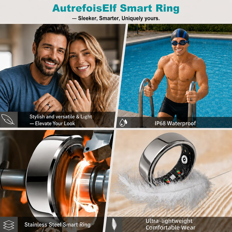 Smart Ring for Women Men, IP68 Waterproof Health Tracker with No Subscription Fee, Sleep and Stress Monitoring, Activity Fitness Ring, Android/iOS Compatible(Gold,9)