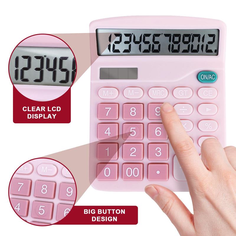 Basic Calculator with Comfortable Large LCD Display, 12 Digits Calculators Desktop, Tilt Screen, Big Button, Desk Calculator with Dual Power (Solar & Battery Included) (Pink) Pink