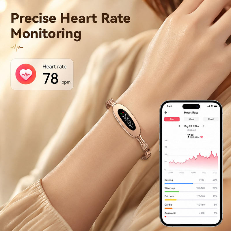 Ladies Smart Bracelet for Women Fitness Tracker Heart Rate Sleep Monitor Sports Modes Remote Camera Waterproof Ultra-Thin Luxury Womens Gold Smart Bracelet for Android iOS Phones silver