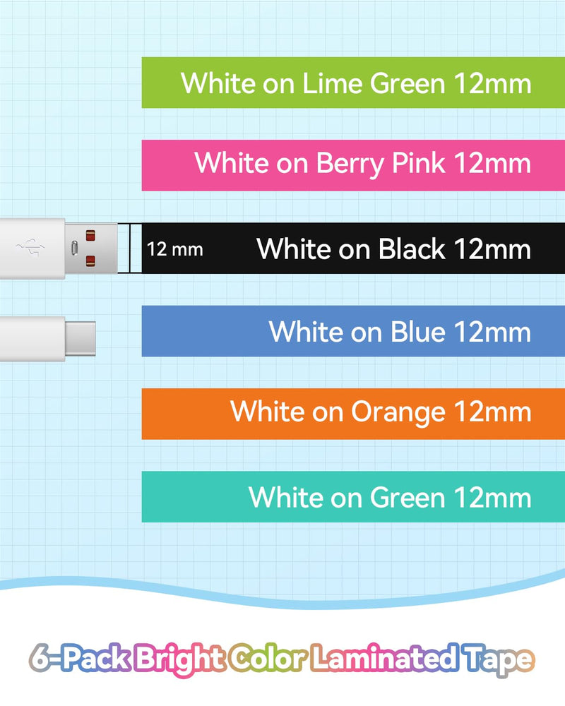 [AUSTRALIA] - Replacement for Brother P-Touch Label Maker Tape TZe 12mm 0.47 Ribbon Laminated TZ Colored Refills Compatible with Brother P Touch PT-D210 D220 H110 1000 1280 D400 Cube, 1/2" x 26.2', 6 Pack Pink/Blue/Yellow/Green/ Black/Lime Green 