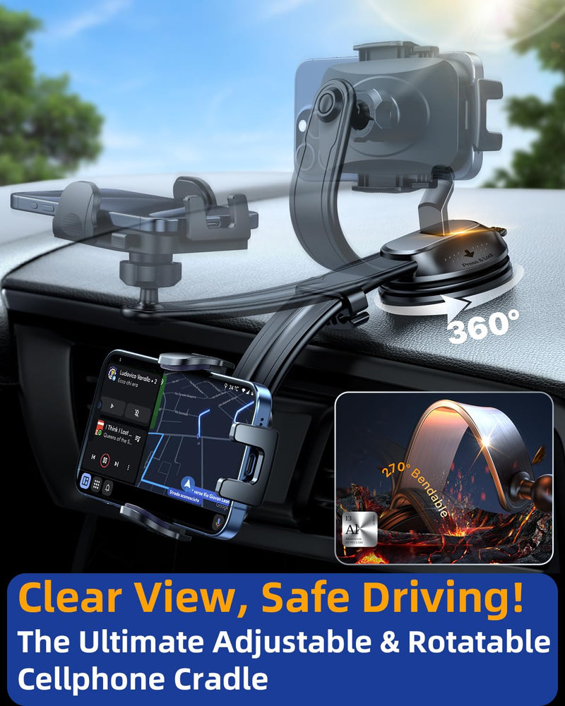 YRU [2026 Ultimate Car Phone Holder Mount [Bendable & Adjustable Aluminum Arm] Cell Phone Holder for Car Dashboard Windshield Phone Stand for iPhone 17 16 15 14 Pro Max Samsung Pickup Truck, Black