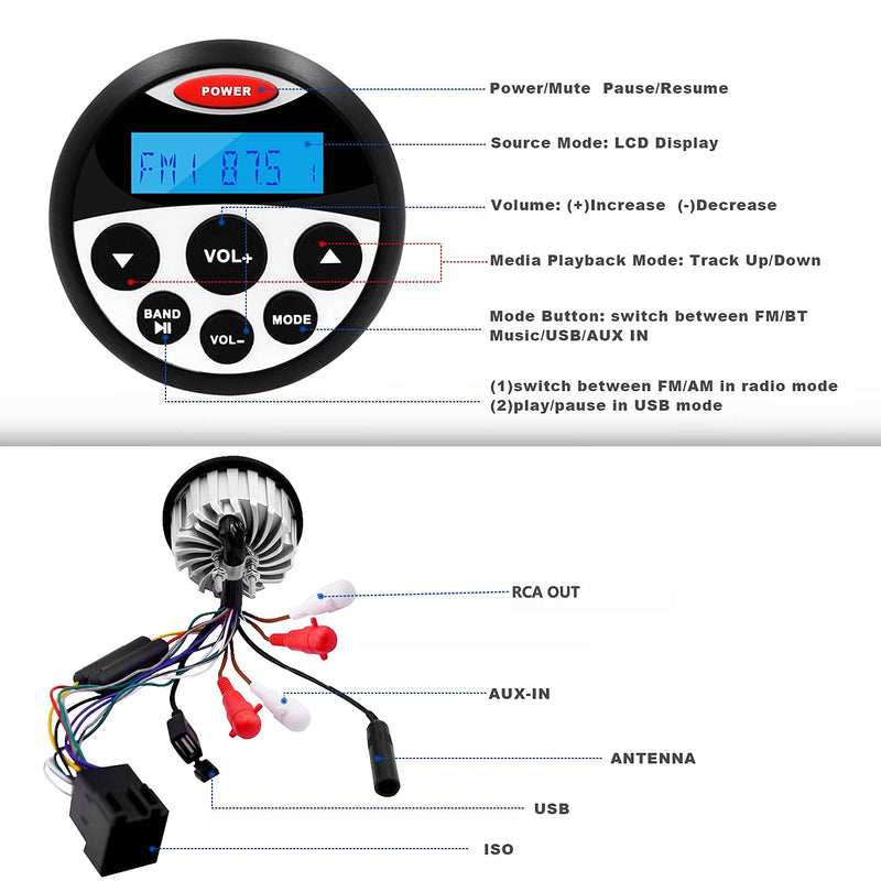 Boat Marine Stereo Receiver Bluetooth - 45 x 4 Watts Audio AM FM Gauge Waterproof Radio Tuner Streaming for Boats Golf Cart ATV UTV and Spa Hot Tubs GR304
