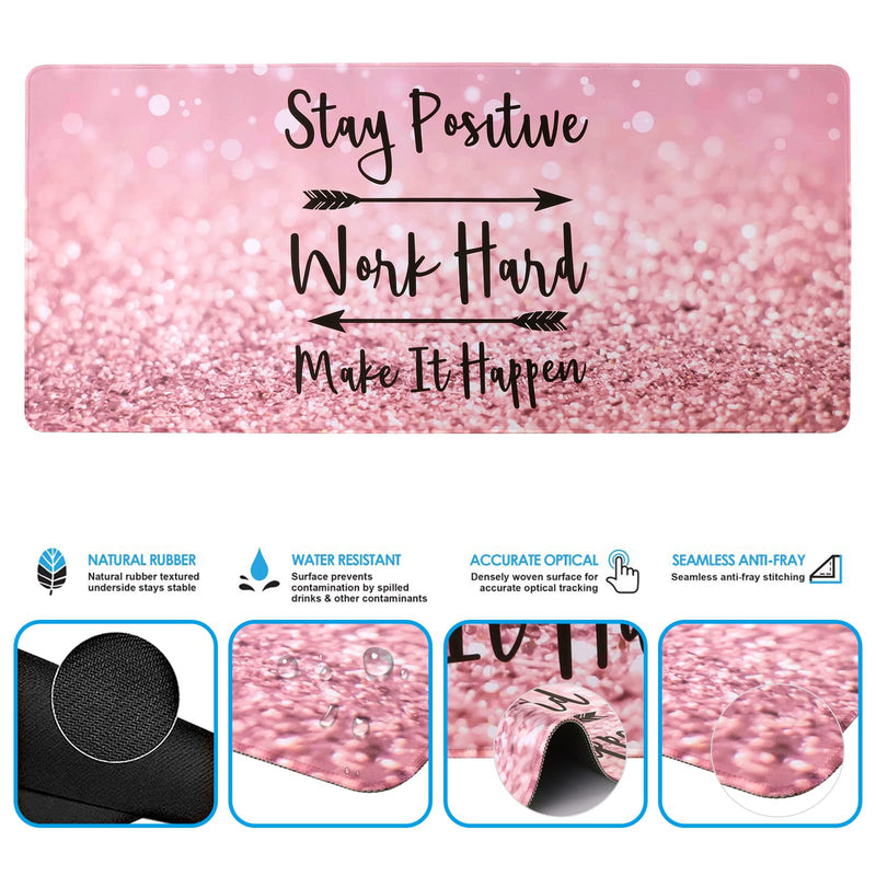 iCasso Keyboard Mouse Pad Set,Extended Gaming Mouse Pad+Keyboard Wrist Rest Support , Memory Foam, Easy Typing Pain Relief, 3Pcs (35.4×15.7 in) XXL Ultra Thick Desk Mat -Pink Stay Positive A-Pink Stay Positive