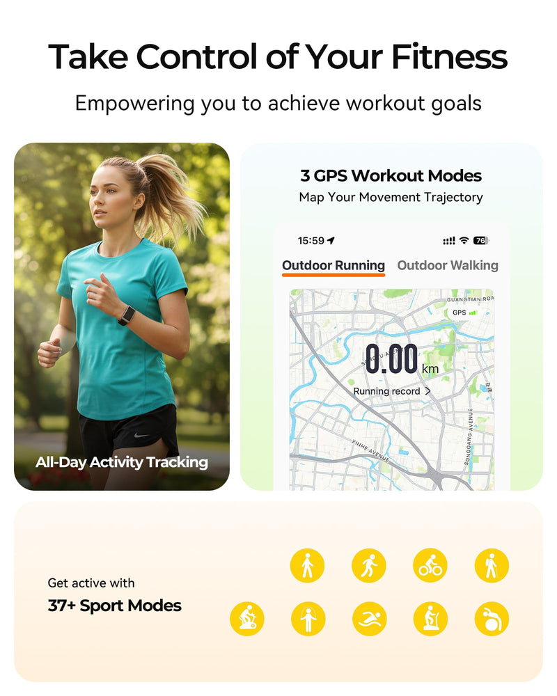 Fitness Tracker – 24/7 Activity & Sleep Tracker with Heart Rate/SpO2/Stress, 37 Sports Modes, Free APP, Smart Watches for Men Women, 2 Bands & Armband (Midnight Black)