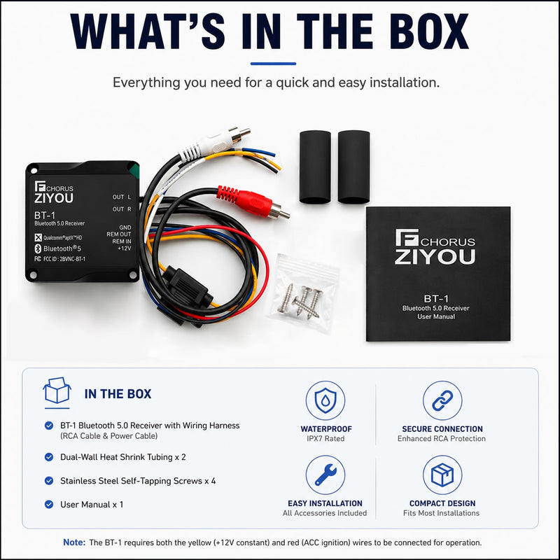 BT-1 IPX7 Bluetooth Receiver aptX HD Dual RCA Marine Vehicles | BT-1 Compatible With iOS & Android, Versatile For All Uses, Waterproof, Durable & Easy To Install.