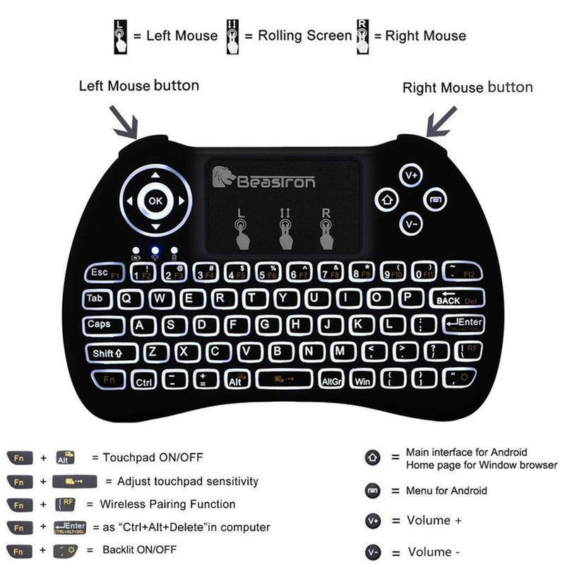 Beastron 2.4G Mini Wireless Keyboard with Touchpad＆QWERTY Keyboard, Backlit Portable Keyboard Wireless with Remote Control for Laptop,PC,Tablets,Pad,Google Android TV,Xbox,PS3/4 .Black