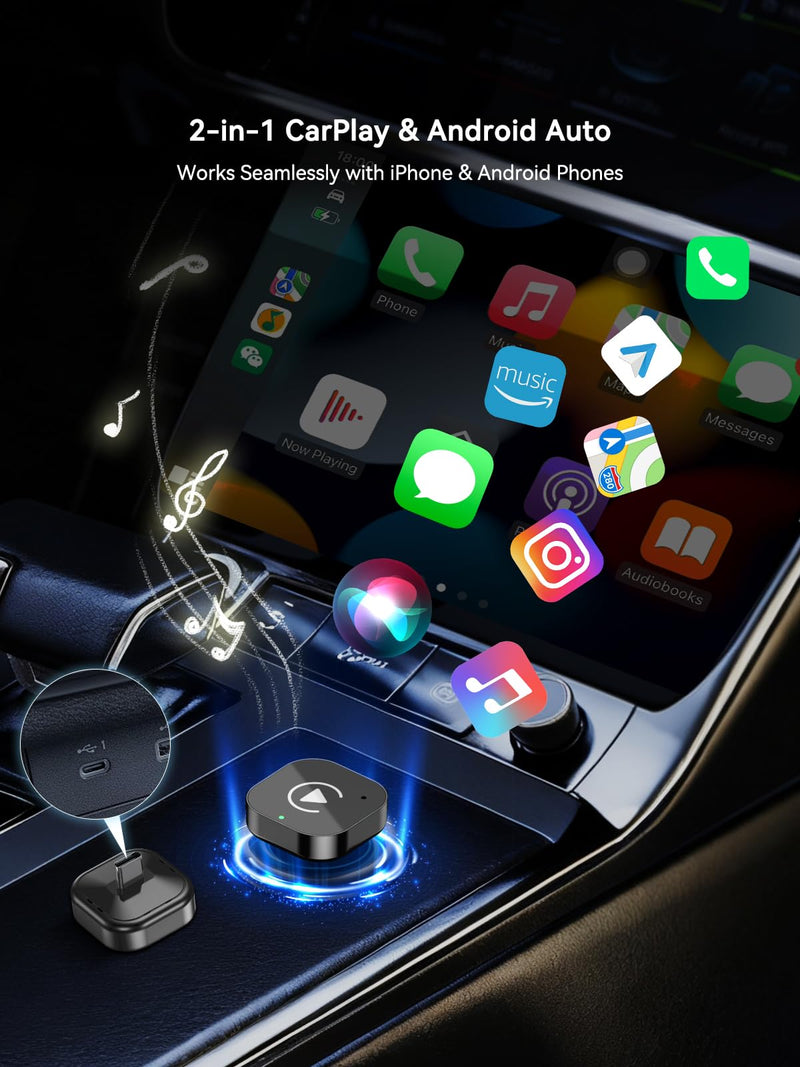 USB-C Wireless CarPlay & Android Auto Adapter with USB-A Converter, 2-in-1 Wireless CarPlay Adapter for Factory Wired CarPlay and Android Auto Cars, High-Speed 5GHz WiFi, Bluetooth 5.0 | 2-in-1 adapter uses 5GHz WiFi and Bluetooth 5.0 to add wireless C...
