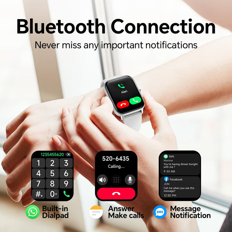 Smart Watch for Women Men, Alexa Built-in,1.8 Inches Large Display, Bluetooth Calls,Received Text, Health Monitoring, Sport Watch, Waterproof Fitness Tracker Watch for Android iOS (White, 1.8 inches) White