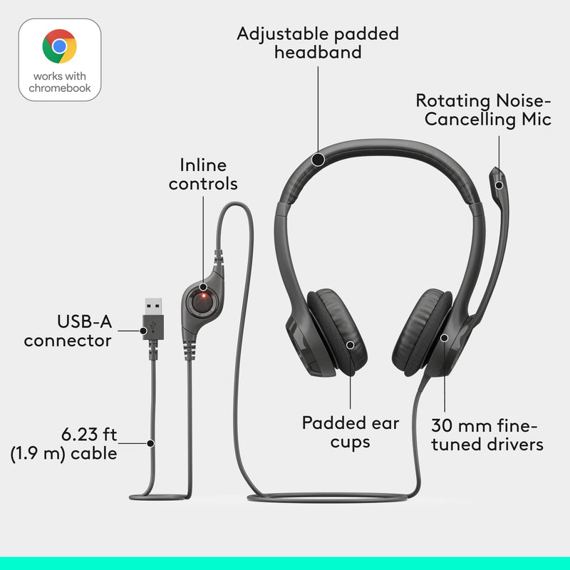 Logitech H390 Wired Headset for PC/Laptop, Stereo Headphones with Noise Cancelling Microphone, USB-A, in-Line Controls, Works with Chromebook - Black 1 Pack