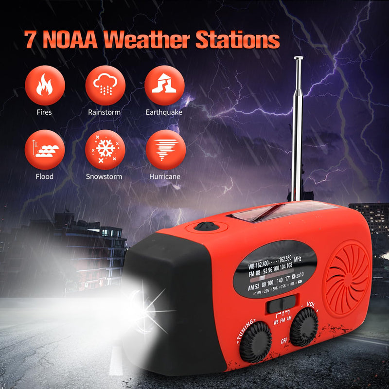 18500mWh/5000mAh Emergency Crank Weather Radio, iRonsnow NOAA/FM/AM Solar Radios, Portable Survival Radio with SOS, Earphone Jack, 1W 4 Modes LED Flashlight, Cell Phone Charger for Camping Hiking 5000mAh Red