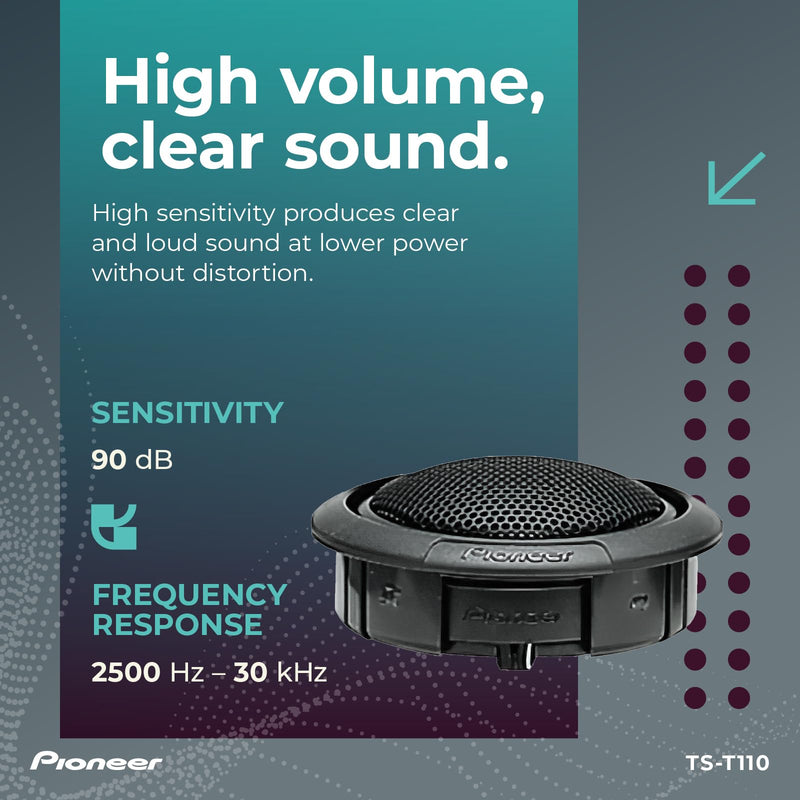 Pioneer TS-T110 7/8" Hard Dome Component Tweeters 120W Max | Crisp High-Frequency Detail, Easy Add-On for Clarity, Flush/Surface Mount 7/8"