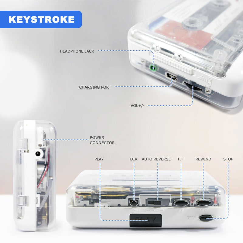 [AUSTRALIA] - Auto Reverse ＆Clear Stereo Cassette Player,Built-in Cool Copper Wheel Movement＆Earphone,Cassette Tape to MP3 Converter with Tape Converter Software,Powered by USB Power Cord or AA Battery 