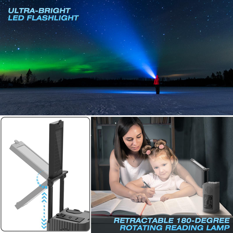 Emergency Radio Hand Crank Radio USB Charged Portable Power Bank with Solar Charging, SOS Alarm, AM/FM/NOAA Rdios, 180° Rotate Reading Lamp, LED Flashlight for Camping, Home, Outdoor Emergency Gray