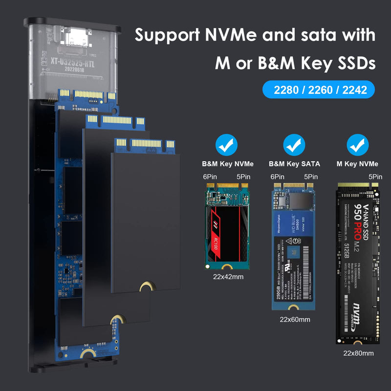 Aluminum M.2 NVME SATA SSD Enclosure Adapter, 10Gbps Type C Tool Free Enclosure for M.2 PCIe NVMe and SATA SSDs