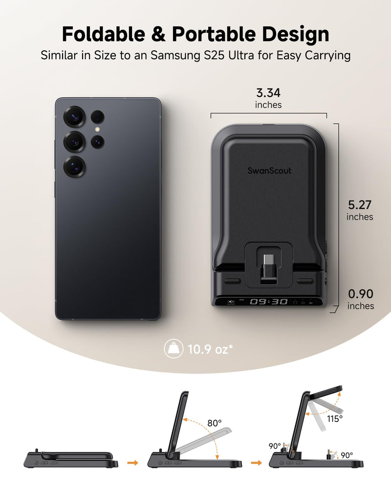 25W USB C Fast 3-in-1 Foldable Charging Dock for Samsung Phone Watch & Buds | 25W Fast Charging, for Galaxy S26/S25/Z Flip 8/Fold 8/A57/A36, for Galaxy Watch Ultra/8-5, USB C Buds, SwanScout 701S