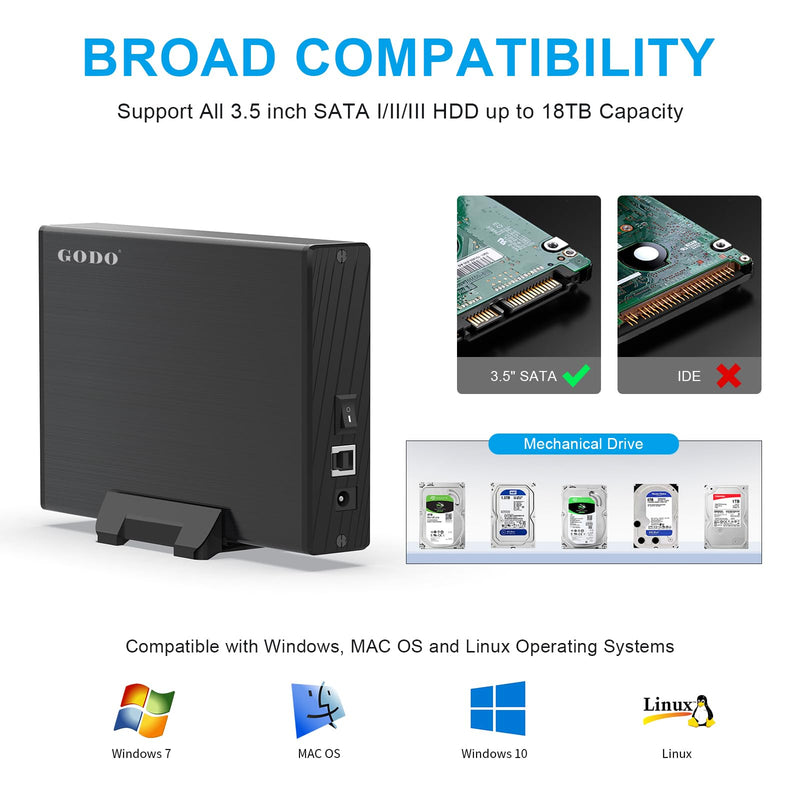 USB 3.0 to 3.5 Inch Hard Drive Enclosure, Vertical External Hard Drive Docking with Stand for 3.5 inch SATA HDD SSD, Aluminum Alloy Drive Case Support Up to 12TB with UASP,Power Adapter 3.5" SATA Enclosure-Black