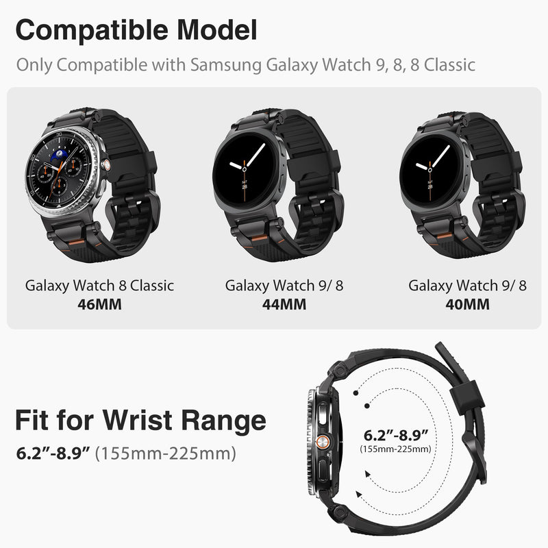 ULTIMAL Rugged TPU Band Compatible with Samsung Galaxy Watch 9/8/8 Classic | Replacement Strap with Mental Secure Connector Compatible with Galaxy Watch 9 8 44mm 40mm/8 Classic 46mm, Black+Black