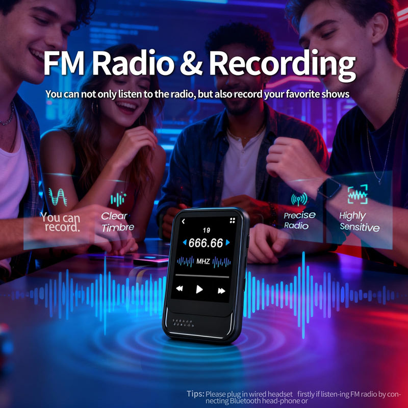 MP3 Player with Bluetooth,Mini MP3 Player with Speaker,Built-in Micro SD Card Slot,Portable Music Player with FM Radio,Video,Voice Recorder,Earphones, for Kids,Sports and Gifts,Max 512GB Expand 16GB