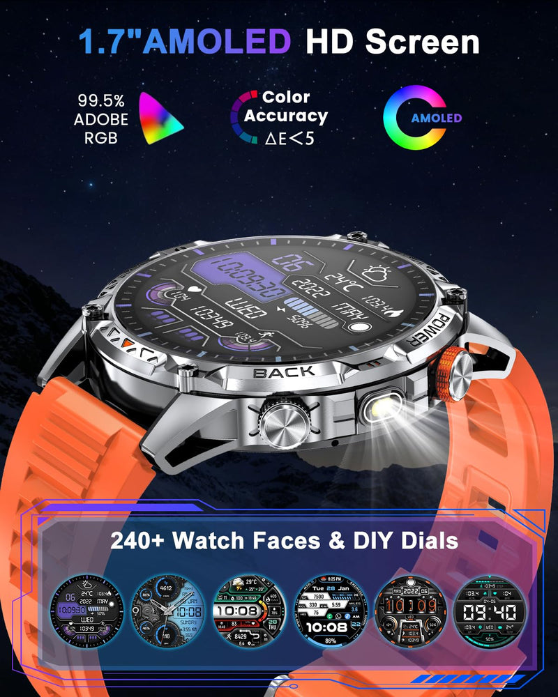 Military Smart Watch for Men, 1.7" AMOLED Display, 1200mAh Battery | Compass & LED Flashlight, Bluetooth Calling, IP68 Waterproof, 100+ Sports Modes, Fitness Tracker, Android & iPhone Compatible