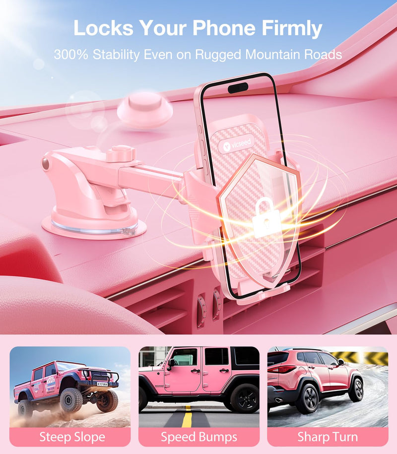 VICSEED Stable Car Phone Holder [Upgraded Strongest Suction, Won't Break] | Military-Grade Cell Phone Mount for Dash/Windshield/Vent/Truck/Boat, Universal for Big iPhone Android with Thick Cases, Pink Hot Pink