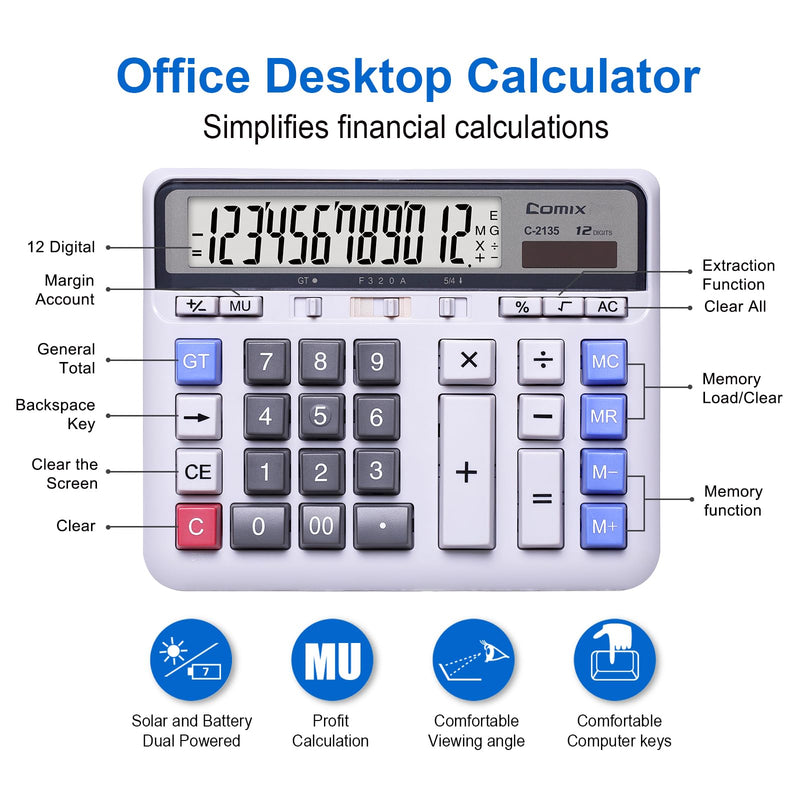 Comix Desktop Calculator, 12 Digits Large Desk Calculator, White, 2 Pack | Solar Battery Dual Power, Large LCD Display, Computer Keys, 4 Function Basic Calculator for Office Business Home Use