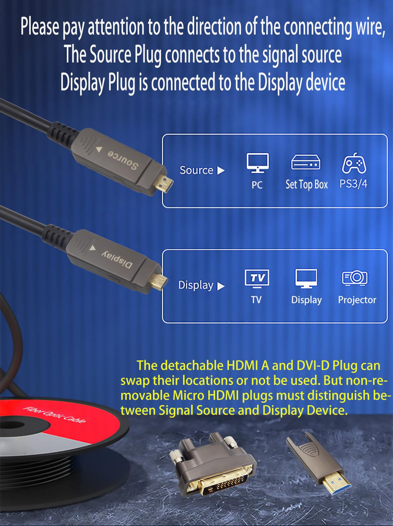 30ft 4K HDMI DVI Cable, Fiber Optic HDMI Cable, Micro HDMI to HDMI, Detachable Type A to DVI, D to DVI, 18Gbps Ultra Speed, Slim Flexible, Long Extended, for Projector TV Xbox PS 30ft Fiber 4K HDMI AD+DVI