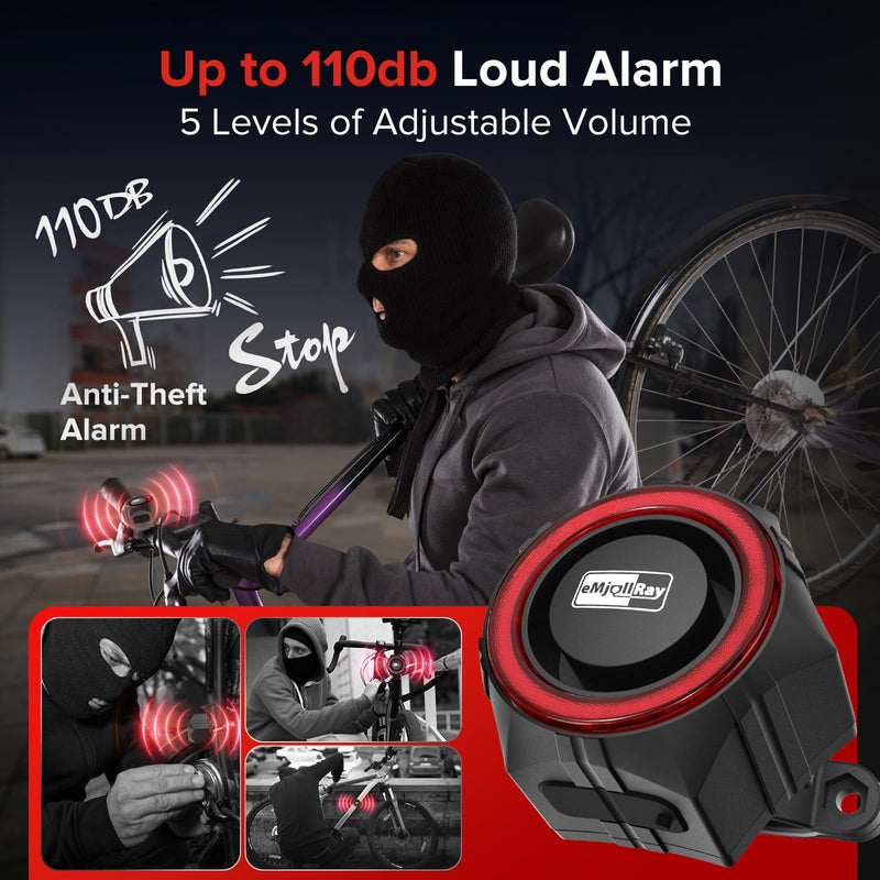 Bike Alarm,110dB Loud Waterproof Wireless E-Bike Alarm with Remote,Anti Theft Alarm Adjustable Volume Motorcycle Alarm Wireless Motion Sensor Alarm for Bicycle, Ebike,Ebike Accessories