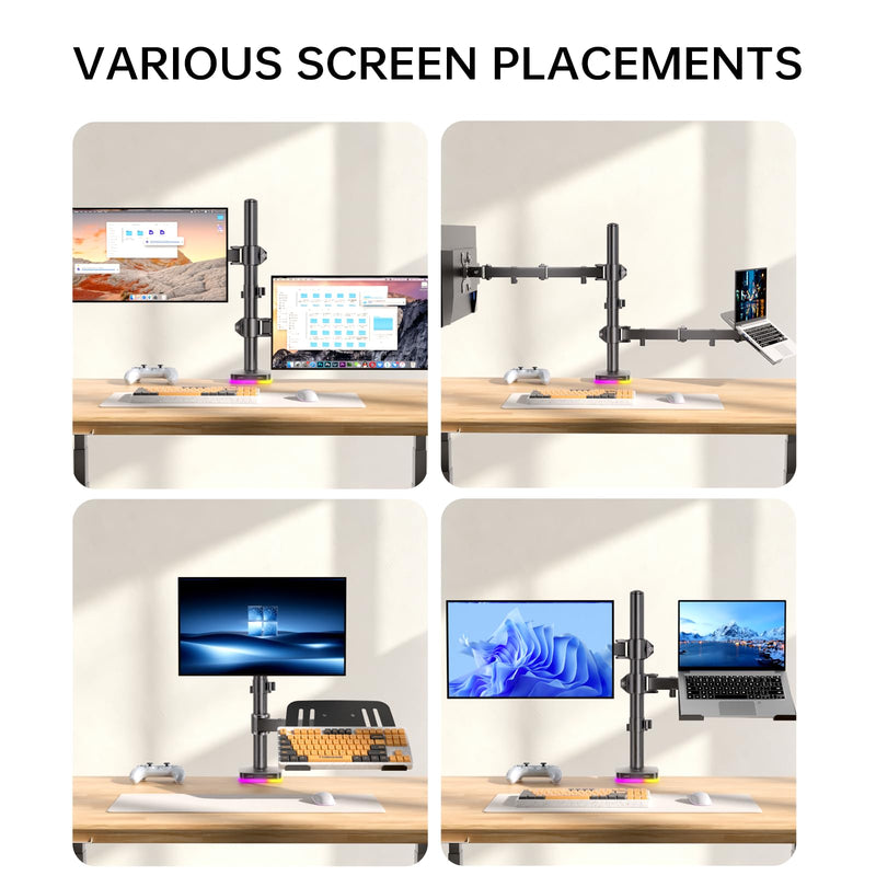 Afaloona RGB Monitor & Laptop Stand with USB Hub, Charging & Data Transfer | Fits 13-32" monitors and 11-17" laptops with a removable tray that converts to a dual monitor mount, up to 18 lb per arm RGB Laptop & Monitor Stand