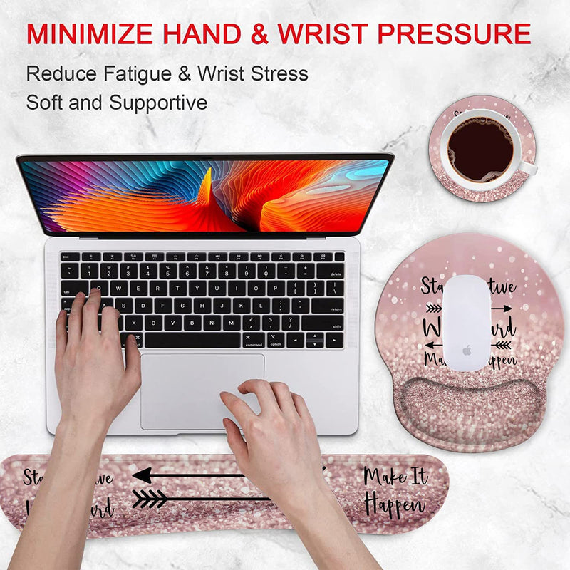 Ergonomic Mouse Pad Wrist Support Gel and Keyboard Wrist Rest Set for Laptop , Gaming and Office, Durable, Comfortable and Pain Relief + Coaster,Stay Positive Work Hard and Make It Happen Pink Glitter