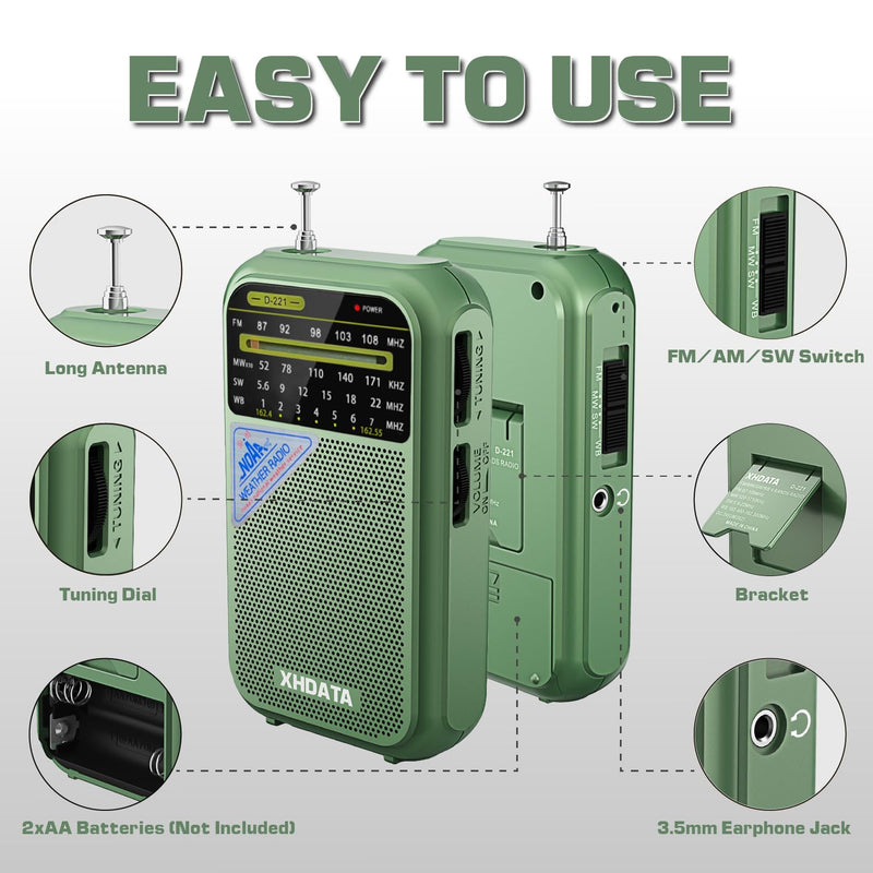 [AUSTRALIA] - XHDATA D221 NOAA Weather Radio Portable AM FM Shortwave Radio Receiver, 2 AA Battery Operated, Transistor Radio with Excellent Reception for Gift, Family, Elder (Green) Green 