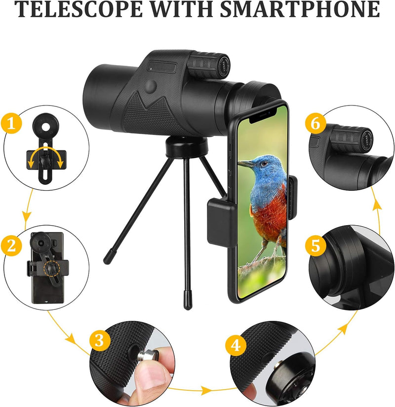 VIVREAL Monocular Telescope - 12X42 High Power Monocular for Bird Watching, IPX7 Waterproof HD Monocular with Tripod Made by Hyper FMC BAK4 Prism & Eco-Friendly Materials Black