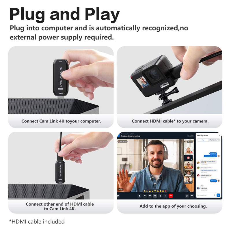 VIXLW Cam Link 4K – External Capture Card for DSLR Camcorder ActionCam as Webcam, HDMI to USB 3.0, Meet/Stream/Record in 4K60/1080p120, Easy Connect for OBS/Zoom, Windows/Mac black