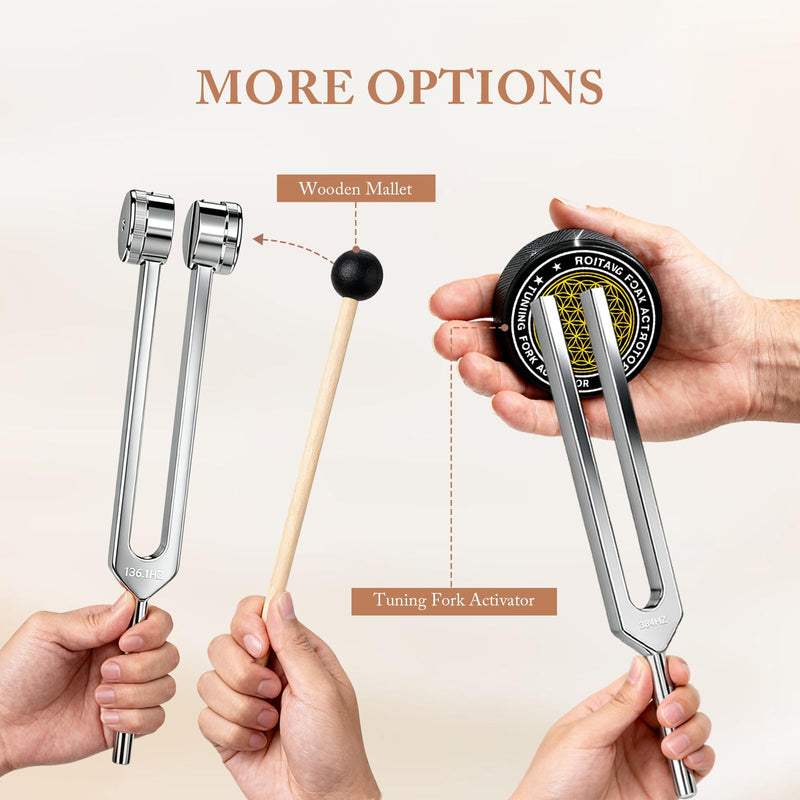 [AUSTRALIA] - Tuning Forks for Healing Set (128Hz, 136.1Hz, 256Hz, 384Hz) with Activator & Wooden Mallet, Chakra Healing, Sound Therapy, Reiki, Yoga, Energy Balancing Tools 