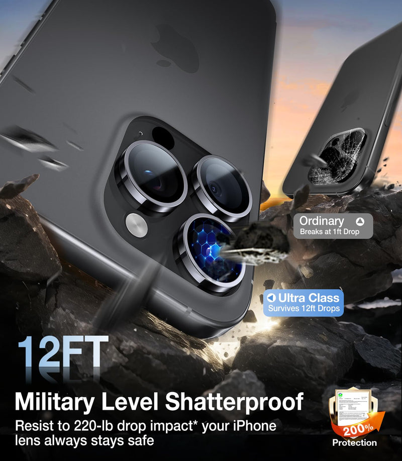 UltraGlass for iPhone 16 Pro Max/16 Pro Camera Lens Protector [NO.1 Military Grade Shatterproof] iPhone 16 Pro Max Camera Protector, 16 Pro Lens Cover [Longest Durable] Easy Install, Black Titanium iPhone 16 Pro, 16 Pro Max