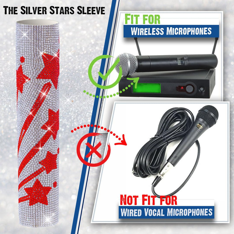 Microphone Cover for Wireless Mic SLX2 BLX2 SM58 Beta58 and Universal Transmitter Sparkle on Wedding Party Tours & TV Shows, Red Star Silver (Mic NOT Included)