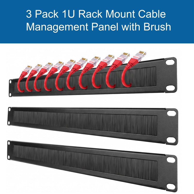 3pack 1U Brush Panel for 19" Rack Mount, Horizontal Brush Cable Manager for wall Mount Rack or Network Cabinet,Black 3