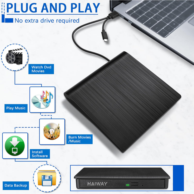 [AUSTRALIA] - Haiway External DVD Drive, USB 3.0 Type-C CD Burner Portable CD DVD +/-RW Optical Drive Slim CD DVD ROM Rewriter CD/DVD Player Writer Reader for Laptop Desktop MacBook PC Windows Linux Mac OS (Black) USB 3.0 USB-A & USB-C BK 