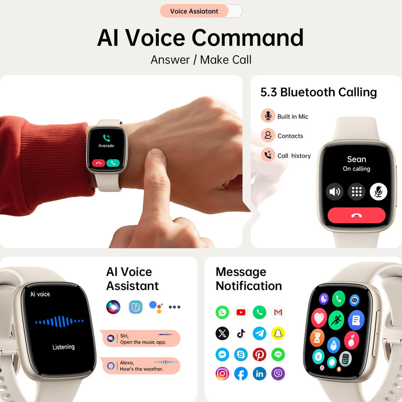 Smart Watches for Women Men, 1.85" HD AMOLED Smart Watch for Android iPhone, 3ATM Waterproof, Bluetooth Calls/Messages, SpO2/Heart Rate Monitor, Sleep Tracker, 120+ Sports Modes Fitness Watch, 2 Bands Beige