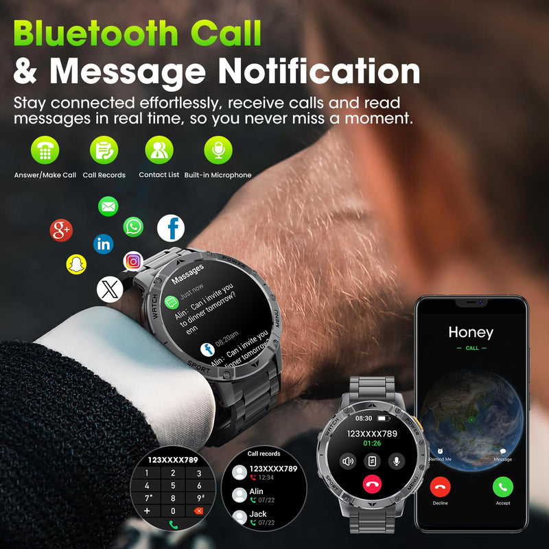 Military Smart Watches for Men, 1.7" HD Smart Watch with Two Flashlights/1400mAh/110+ Sports Modes Fitness Tracker Watch, Waterproof Mens Smart Watch for Android Phones iPhone Compatible(2 Strap) Darkness