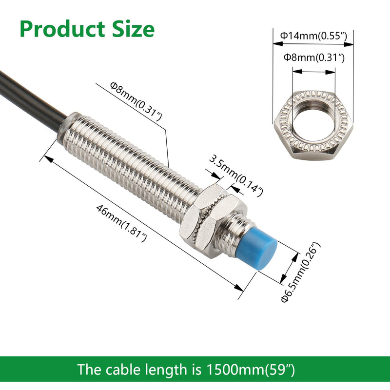 Inductive Proximity Sensor Switch LJ8A3-2-Z,M8,DC10-30V,NO, PNP 300mA,2mm Detecting Distance,3 Wire NO