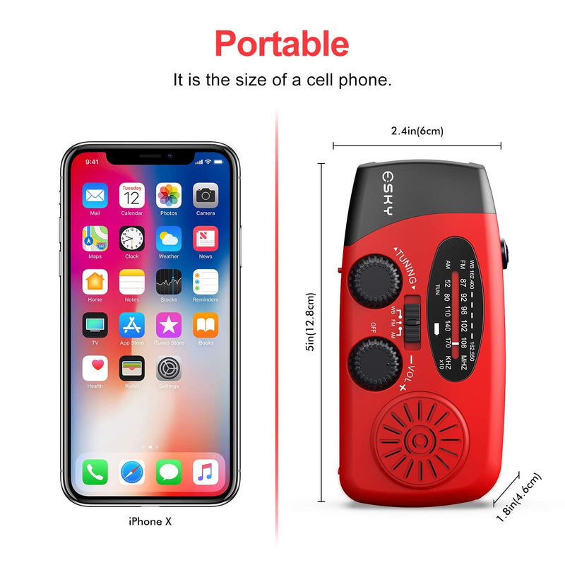 Esky Emergency Hand Crank Radio 7400mWh with 3 LED Flashlight, AM/FM/NOAA Portable Weather Radio with Rechargeable 2000mAh Battery, Solar Powered Radio for Indoor Outdoor Survival Camping, SOS Alarm Red