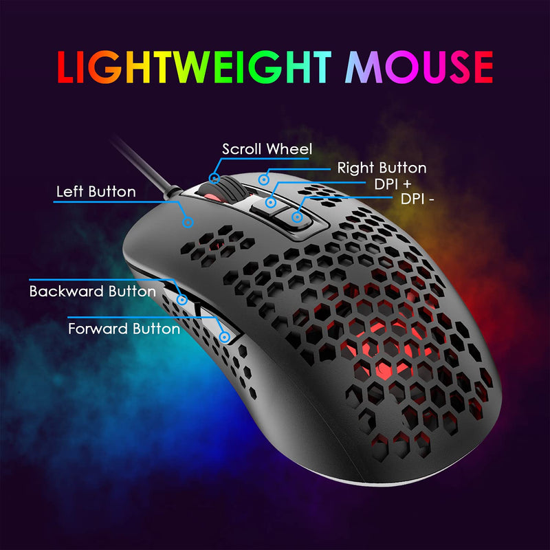 Lightweight Gaming Mouse Wired,USB Optical Computer Mice with RGB Backlit,4 Adjustable DPI Up to 2400,Ergonomic Gamer Laptop PC Mouse with Honeycomb Shell for Windows 7/8/10/XP Vista Linux -Black Black