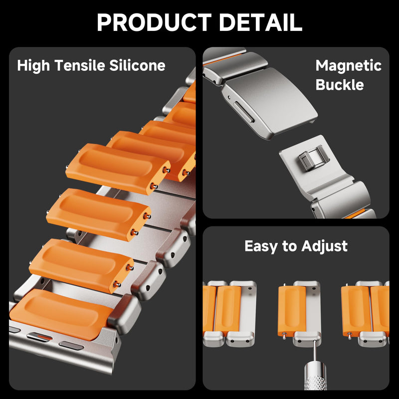 Unfettered Magnetic Titanium Band Compatible with Apple Watch Ultra 3/2/1 49mm Series 11 10 9 8 7 46mm 45mm 44mm 42mm SE 3/2/1, Silicone Dual‑Layer Link for iwatch Men Women Orange-t 49mm/46mm/45mm/44mm/42mm