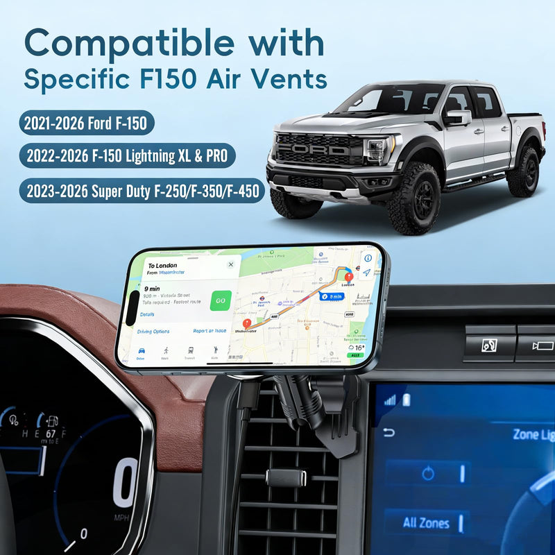 Kaishengyuan Car Vent Wireless Charger Phone Mount for 2021-2026 Ford F-150 | 2023-2026 Super Duty F250/F350/F450 | 15W Fast Charge| | 20 Metal Magnets| Non-BlockVent| 1-Min Install| Magsafe Smartphones Charging-Magnetic