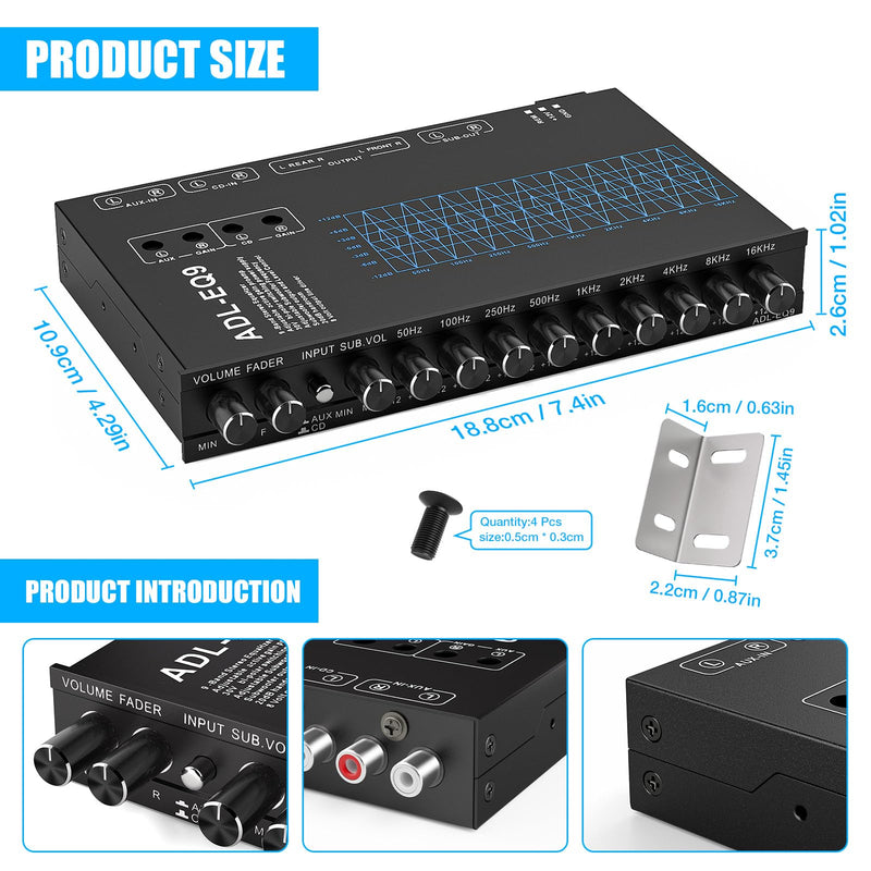 Facmogu 9-Band Car Audio Equalizer, Graphic EQ with 8V RMS Line Driver | Front/Rear/Sub RCA Output | AUX/CD Input | Subwoofer Frequency Control for Car Stereo, Boat, RV & Half-DIN Audio Systems