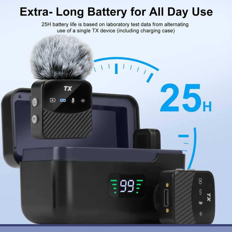 Mini Wireless Lavalier Microphone for iPhone/Android/Tablets,Magnetic Mini Mic with Noise Reduction, 25H Battery Life with Charging Case, Lapel Microphone Wireless for Video Recording Podcast Magnetic Mini Mic