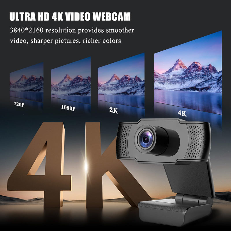 [AUSTRALIA] - 4K Webcam for PC, Ultra 4K HD Web Cam, Dual Noise-Canceling Mics, Auto Light Correction, Wide Angle Streaming Camera,Plug and Play for Video Calling/Conferencing/Zoom/Skype/Teams 4k Black Updated 