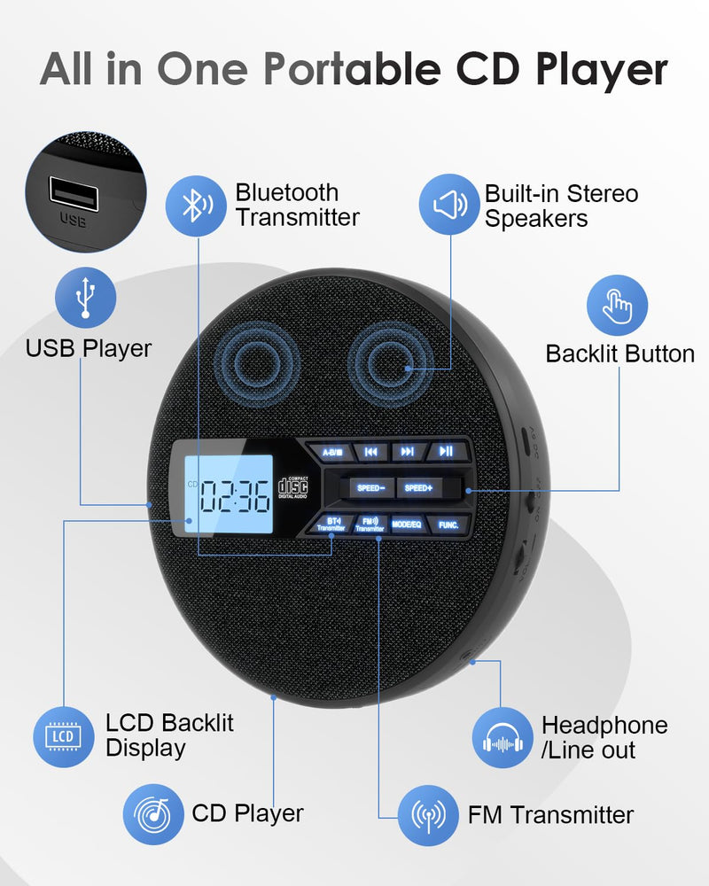 [AUSTRALIA] - Portable CD Player for Car with FM Transmitter, Rechargeable Small CD Player with Bluetooth & Dual Speakers for Home, Anti-Skip, Resume Playback, AUX/USB, Backlit LCD Display, Headphones 