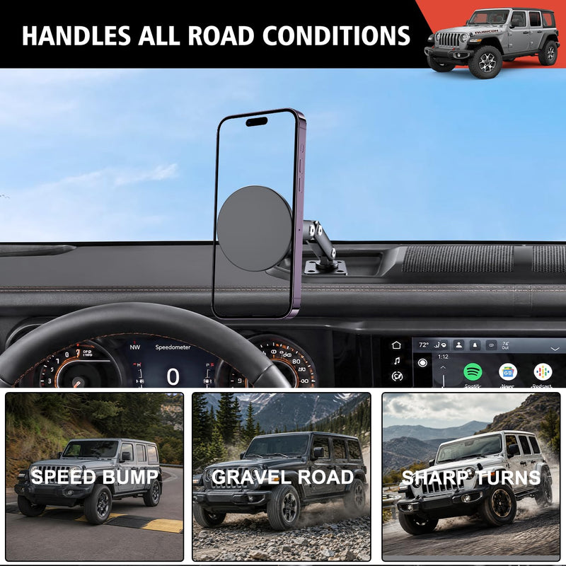 Magnetic Phone Holder for 2024 2025 2026 Jeep Wrangler Gladiator | Dash MagSafe Mount for 2024+ Jeep Wrangler JL JLU 4XE Jeep Gladiator JT, Screw Fixing, Adjustable, 360° Rotatable Magnetic