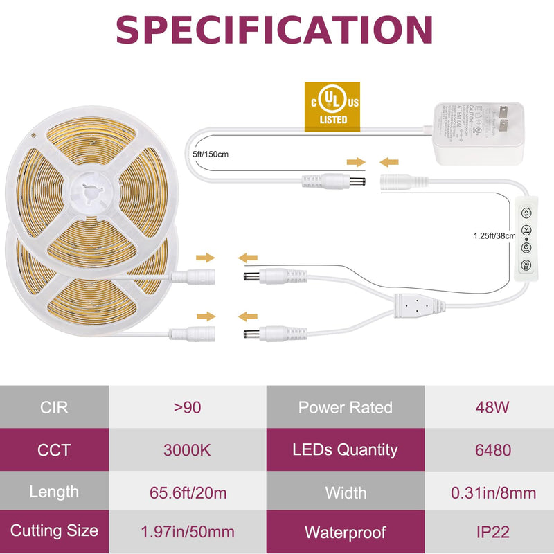 [AUSTRALIA] - COB LED Strip Light Warm White, 66ft Dimmable 3000K Super Bright White Led Lights with Remote and UL Power Supply, 24V Flexible LED Tape Light for Bedroom, Kitchen, DIY Lighting (2 Rolls of 33ft) 